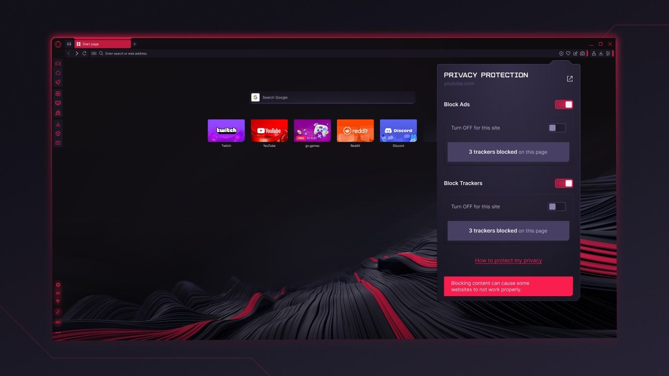 Opera GX privacy protection with ad and tracker blocker